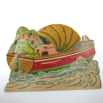 Vintage Valentine Card Mechanical XL Boy &amp; Girl in Boat Canopy Moves 1920s-1930s - £19.66 GBP