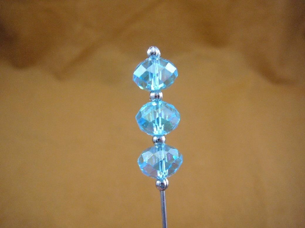 (u70-48) Light Blue faceted glass 3 bead silver hatpin Pin hat pins hats... - $10.39