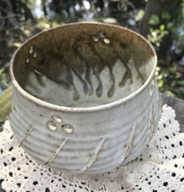 Vtg Signed Studio Art Pottery Bowl Planter Candle Holder Dish reticulated Taupe - £63.09 GBP