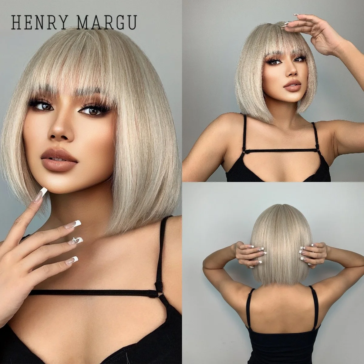 Short Straight Bob Platinum Synthetic Wigs with Bangs Light Blonde Natural W - £10.09 GBP+