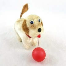 Vintage Working Wind Up Toy Dog with Red Ball Moving Tail 6 Inch - £39.40 GBP