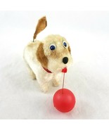 Vintage Working Wind Up Toy Dog with Red Ball Moving Tail 6 Inch - £39.65 GBP