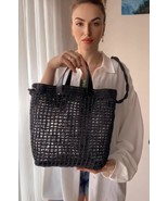 Black crochet beach with a short and a long handle bag, with a plastic lining th - £78.66 GBP