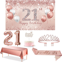 21St Birthday Decorations for Her, Rose Gold 21 Birthday Banner, Tablecl... - £30.22 GBP