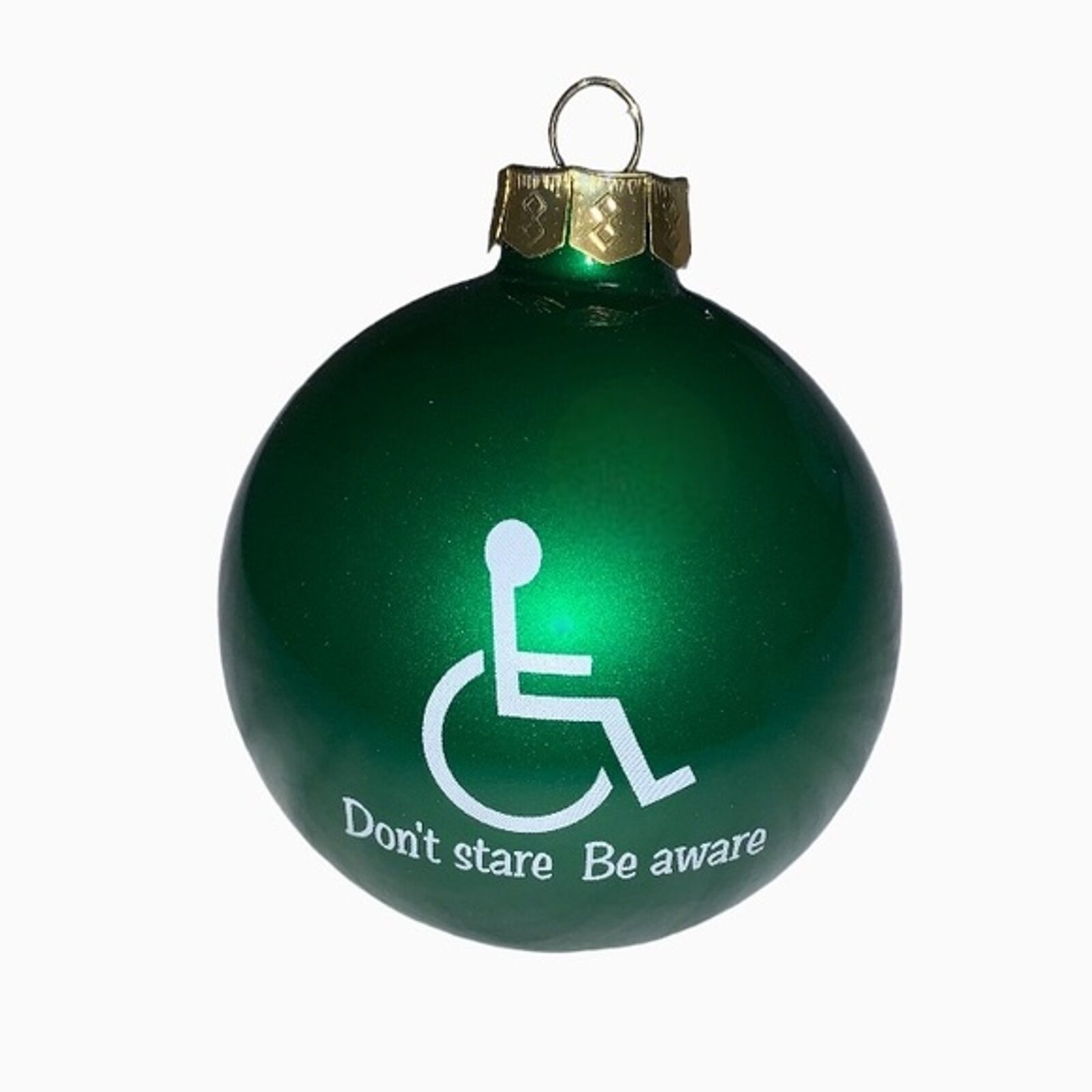 Primary image for Glass Green Wheelchair Don’t Stare Be Aware Christmas Holiday Ornament Holiday