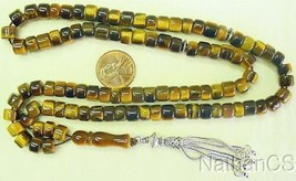 Islamic Prayer beads 99 small Barrel VR Carving Tiger Eyer &amp; Sterling Co... - £97.32 GBP