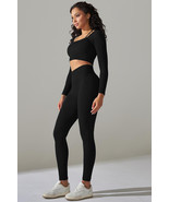 Black Ribbed Long Sleeve Top and Leggings Workout Set - $5,224.63 MXN
