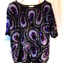 Iris Women&#39;s Blouse Multicolor Short Sleeve, Sequin Beaded Evening L/XL - $39.59