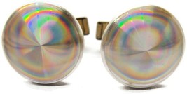 Reflective Multicolor Disc Vintage Cufflinks Round Gold Tone Signed Pat Pend - £26.86 GBP