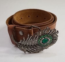 Hollister Brown Leather Rhinestone Feather Buckle Belt Women Size Small - £15.73 GBP