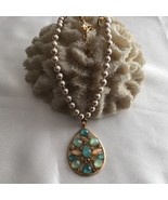 CAROLEE BOHO Dangle Necklace PATTERNED GEM BEAD Pendant and FAUX PEARLS - £24.16 GBP