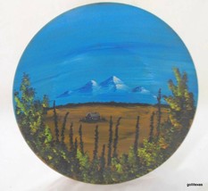 Vintage Hand Painted Mountain and Cabin Scene on Gold Pan 14.5&quot; - £35.51 GBP