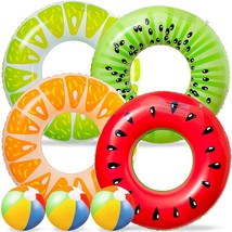 90Shine 7Pcs Fruit Pool Floats: Watermelon Kiwi Orange Lemon Swimming Rings With - £25.47 GBP