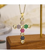 18k Layered real Gold Filled Flower Colors stones Cross Pendant With Chain - $276.45 MXN