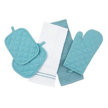 Topaz Kitchen Towel White Blue Terrycloth Quilted Potholders Oven Mitt 5-Piece - £20.79 GBP