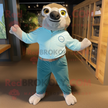 Teal Sloth mascot costume character dressed with a Oxford Shirt and Belts - $1,309.00