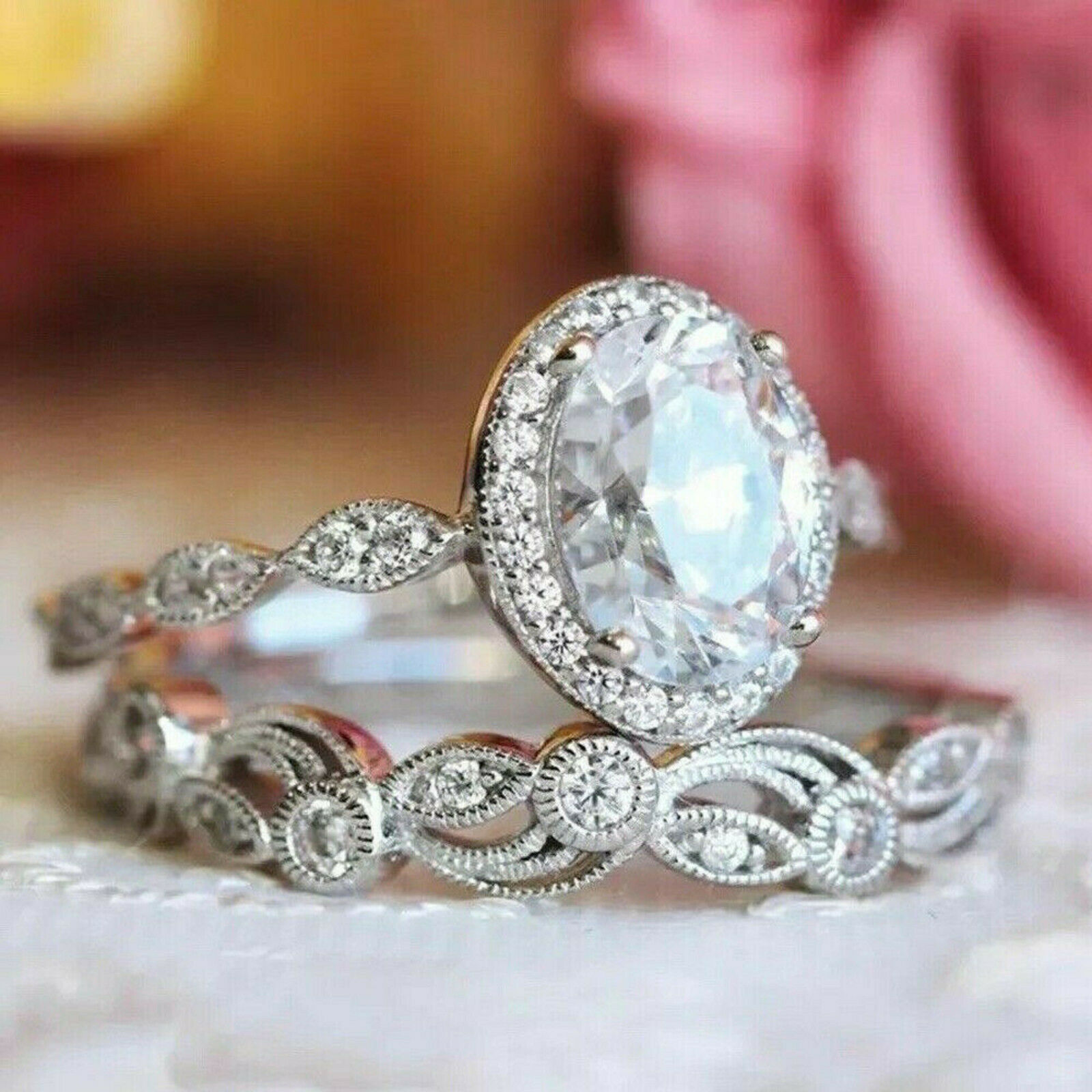 3.25Ct Oval Cut White Diamond 925 Sterling Silver Engagement Wedding Ring set