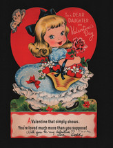 Vintage Valentines Day Daughter Card Girl In Blue Dress With Basket Of F... - £6.22 GBP