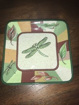 Party Lite DRAGONFLY Candle Dish Trinket Dish Square Green Brown Tan 5&quot;×5&quot; - £4.69 GBP