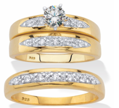 Round Cz 3 Piece Gp Ring Set His &amp; Hers 18K Gold Sterling Silver 6 7 8 9 10 - £333.85 GBP