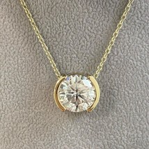 GRA Certified Moissanite 1.50CT Semi-Bezel Pendant Necklace in 14K Yellow Plated - £44.32 GBP