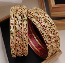Indian Bollywood Style Gold Plated CZ Ruby 6 pcs Bangle Kada Bridal Dulhan Set - £68.33 GBP