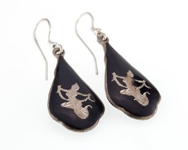 Vintage Sterling Silver Siamese Niello Etched Drop Earrings Double Sided - £77.67 GBP