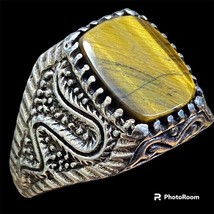 Natural Tiger Eye Stone 925 . Sterling Silver Turkish Handmade Men Ring All Size - £51.43 GBP