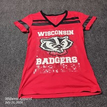Wisconsin Badgers Shirt Women Small Red Sequined Cute V Neck Top Stripe ... - $11.27