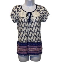 Vintage America Womens XS Blue White Print Crochet Short Sleeve Top Blouse Shirt - £11.19 GBP