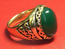 Lucky Green Jade Stone Magic Ring 18K Yellow Gold Filled Rings Luck Wealt Amulet - £20.29 GBP