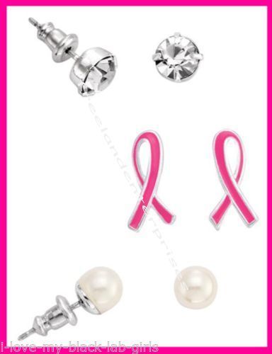 Breast Cancer Crusade 3 Piece Earring Set Pierced Silvertone NEW Boxed (2015) - £9.28 GBP