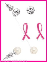 Breast Cancer Crusade 3 Piece Earring Set Pierced Silvertone NEW Boxed (2015) - £9.45 GBP