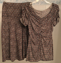 BCBG Max Azria 2 Piece Sz S Ruched Top &amp; Midi Skirt Brown Jersey Geometric Print - £20.35 GBP