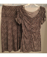 BCBG Max Azria 2 Piece Sz S Ruched Top & Midi Skirt Brown Jersey Geometric Print - $25.99