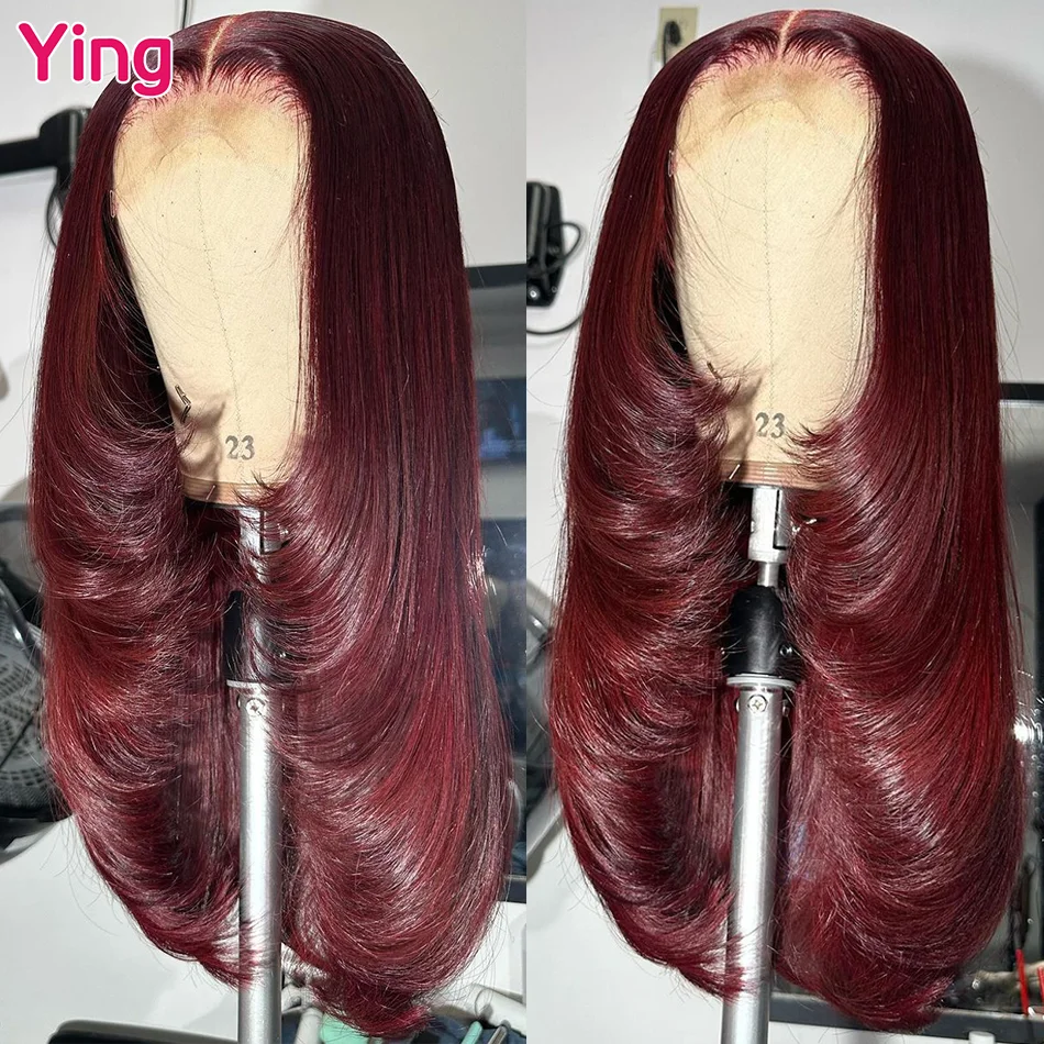 Ying Hair Dark Burgundy 13x4 Lace Front Wig Human Hair Bone Straight 13x6 La - £82.73 GBP+