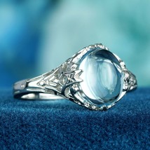 Natural Cabochon Blue Topaz Vintage Style Filigree Ring in Solid 9K White Gold - £395.08 GBP