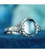 Natural Cabochon Blue Topaz Vintage Style Filigree Ring in Solid 9K Whit... - $500.00