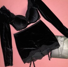 Victoria&#39;s Secret M 34C 36B,L 36C Bra Set+Garter Skirt Velvet Velour Black - £132.96 GBP