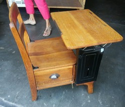 023 Antique School Desk Chair Langslow Fowler wood metal Oak Medium Moul... - $200.00