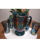 HARVEST GRAPE INDIANA GLASS CARNIVAL IRIDESCENT BLUE PITCHER AND FOUR TU... - $1,765.41 MXN