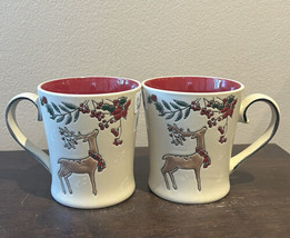 Eli &amp; Ana Set of 2 Coffee Mugs Reindeer  Christmas Holly Berry New - £29.02 GBP