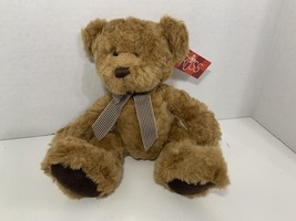 Russ Berrie Langley brown tan plush teddy bear beanbag houndstooth bow ribbon - £7.83 GBP
