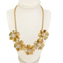 Gold Tone Necklace Rhinestones Flowers Mesh Texture 18” with 3” Extension - £14.76 GBP