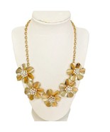 Gold Tone Necklace Rhinestones Flowers Mesh Texture 18” with 3” Extension - £14.76 GBP