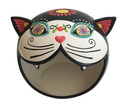 Sugar Skull Cat 20012 Candy Bowl 3D Figural Ceramic Blue Sky 8&quot;H - £39.56 GBP