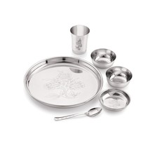 Stainless Steel Carving Finish Dinner Set Thali Plate Bowl Glass Total of set 6P - £26.68 GBP