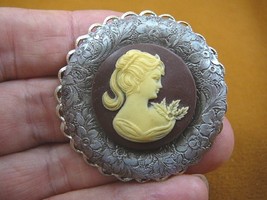 (CS23-70) PONYTAIL Lady brown + ivory round CAMEO flower scrolled silver Pin - £22.78 GBP