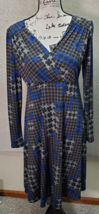 Donna Morgan Dress Women&#39;s 10 Blue Gray Geo Print Polyester Long Sleeve V Neck - £21.05 GBP
