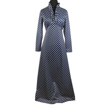 70&#39;s Navy Polka Dot V Neck Ruffle Collar Long Sleeve Maxi Dress - £49.78 GBP